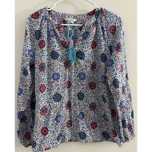 Boden  Boho Peasant Blouse  Mosaic Floral Popover Top Shirt colorful tassel 8